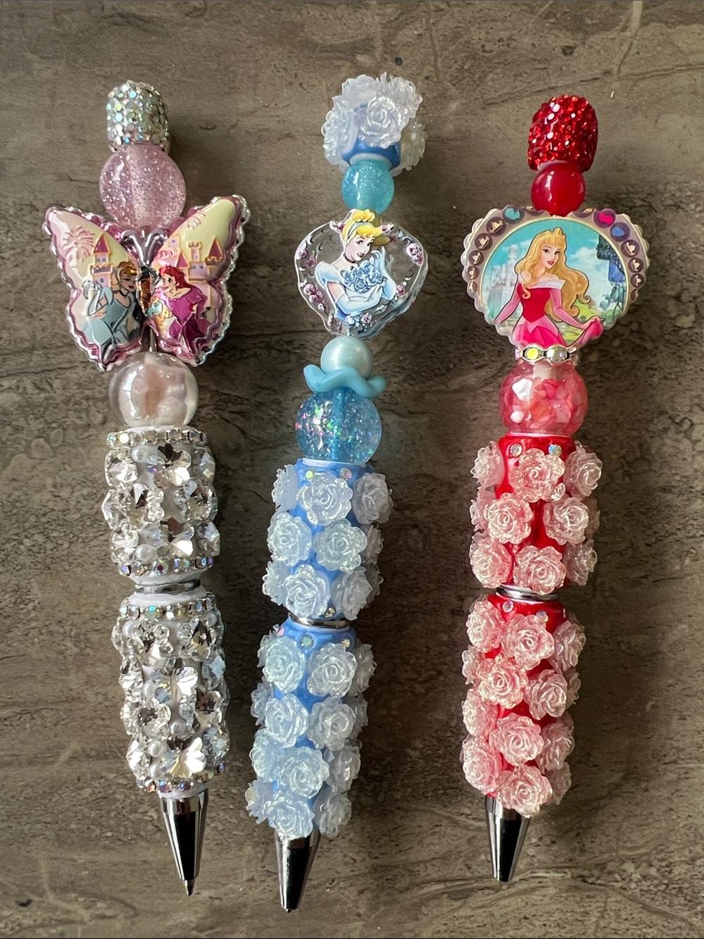 3x pens Decorative Princess Bead Pen set bling novelty butterfly roses